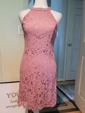 She+Sky Lace Halter Sheath Dress in Dusty Rose